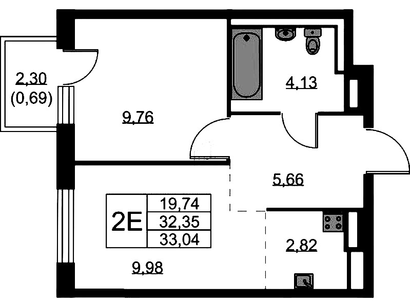 1-комнатная квартира 33.04 м², 2/9 эт., ЖК «Квартал Лаголово»